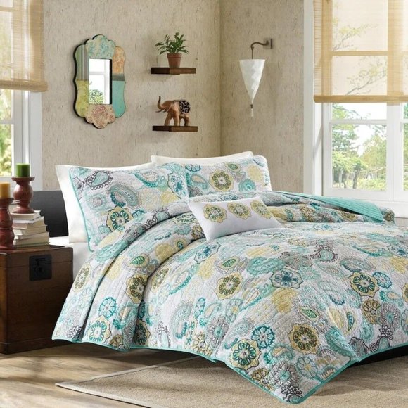 Full/Queen Mi Zone 4 pc Asha Teal Gray Quilt Set - Picture 1 of 6